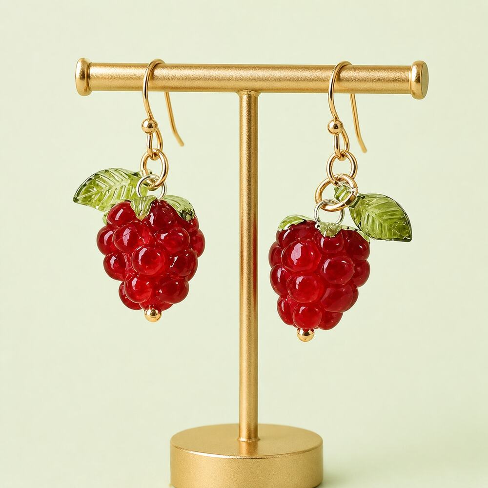 Red Raspberry Dangle Earrings Lightweight Acrylic Summer Fruit Berry